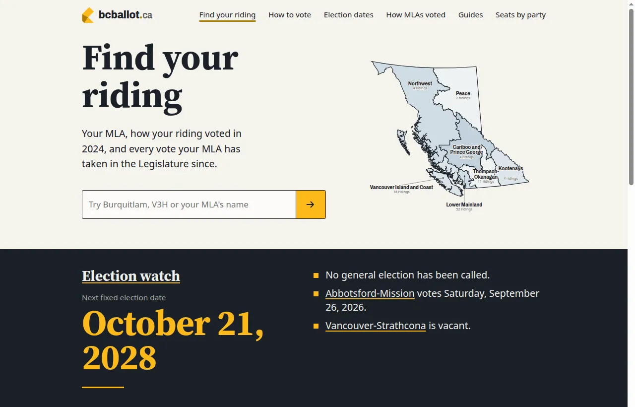 The bcballot.ca home page, with a search box and a map of British Columbia by region.